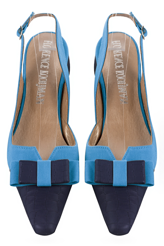 Navy blue women's open back shoes, with a knot. Tapered toe. Flat block heels. Top view - Florence KOOIJMAN